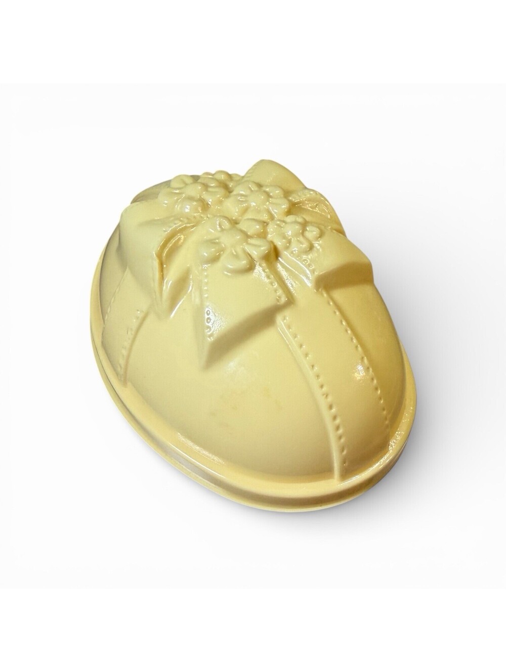 Vintage Yellow Plastic Easter Egg Container Bow Floral Molded Collectible Box